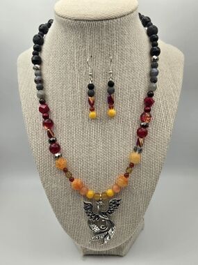 Handmade Orange & Red Beaded Necklace with Phoenix Pendant